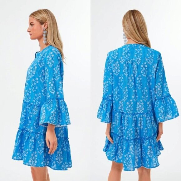 Juliet Dunn NEW Sapphire Small Flower Lurex Flared Sleeve Mini Dress Size M - Picture 3 of 12
